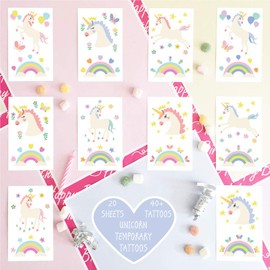 Unicorn Temporary Tattoos for Kids Unicorn Party Bag Fillers, Rainbow Unicorn Transfers Birthday Decorations and Supplies - Non-toxic Waterproof Pack of 20 Sheets - 40+ Fake Tattoos