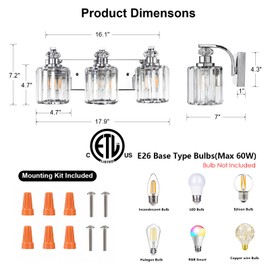 ALAISLYC Chrome Bathroom Light Fixtures with K9 Crystal Lampshade Bathroom Lighting Over Mirror Vanity Lights for Living Room,Bedroom,Restroom,Hallway 3 Lights