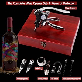 Wine Bottle Opener Corkscrew Gift Set, 8 Pieces Manual Corkscrews Wine Opener with Classic Wooden Box, Stainless Steel Wine Opener kit Wedding Birthday