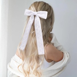 VOBOBE 2PCS Hair Bows for Women Girls, White Coquette Lace Bow Clips Silky Satin Hair Ribbons with Long Tail Hair Accessories for Wedding Birthday (White)