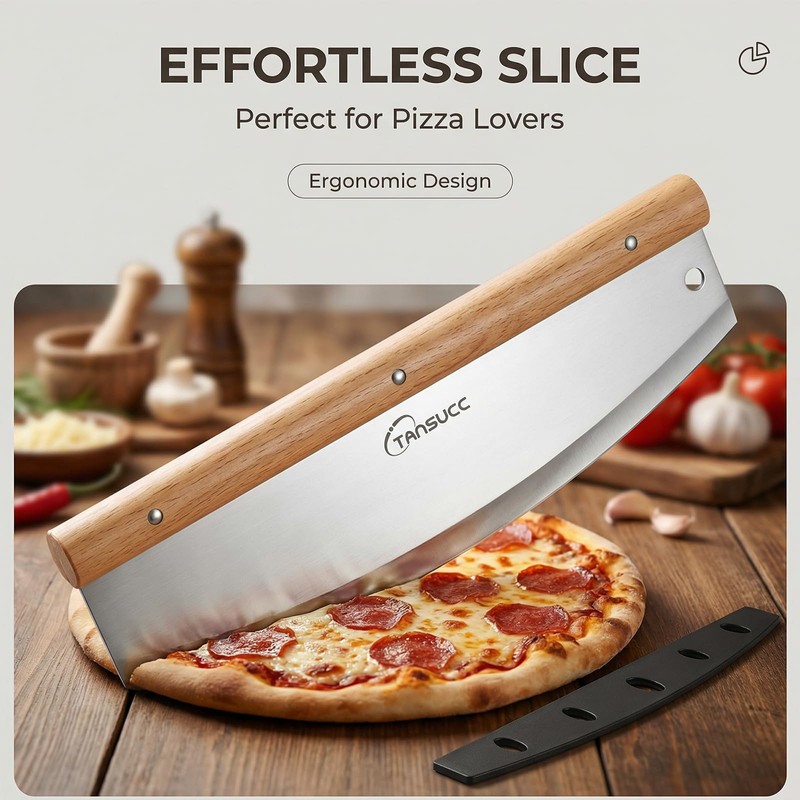 12 Inch Stainless Steel Pizza Cutter Rocker Blade, Rubberwood Handle