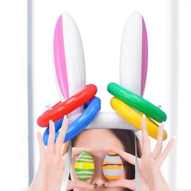 Vaveren Inflatable Bunny Ears Toss Game Novelty Easter Party Toys Inflatable Rabbit Ears Hat with 4 Rings for Holiday Lawn Activities, Pink