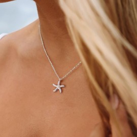 GUOKE Starfish Necklace - Sea Star Necklace Summer Charm Necklace 14K White Gold Plated Dainty Silver Necklace Jewelry for Women