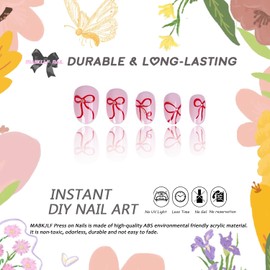 Press on Nails Short Oval MABKJLF Pink Fake Nails False Nails with Designs Cute Red Bow Full Cover Glossy Glue on Nails Acrylic Nails Stick on Nails for Women Girls 24 Pcs