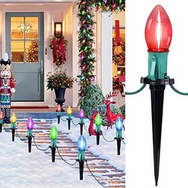 C9 Christmas String Lights Outdoor - 25.7 Feet 20 LED Christmas Pathway Lights with 20 Stakes Connectable Waterproof for Driveways Xmas Holiday Patio Decoration, Multicolored