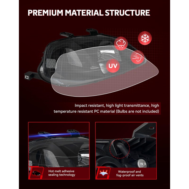 Torchbeam Headlight Assembly, Replacement for Civic 1999-2000, Bumper Headlamp Black