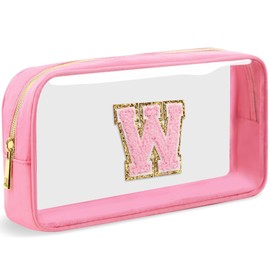 LOFOWN Initial Clear Makeup Bag Small Cosmetic Bag Travel Toiletry Bag Clear Zipper Pouch Purse Organizer Bags for Women, PINK-M, W, Initial Makeup Bag
