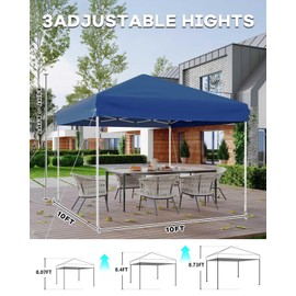10x10 Pop Up Canopy Tent, Outdoor Tent with 3 Adjustable Height, Easy Set Up Canopy with 4 Sandbags & Carrying Bag for Camping, Parties, Outdoor Events -Blue