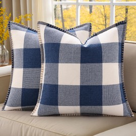 decorUhome Buffalo Plaid Check Throw Pillow Covers 18x18 Set of 2, Outdoor Decorative Farmhouse Neutral Pillow Covers with Stitched Edge for Bed Couch Sofa, Navy Blue and White