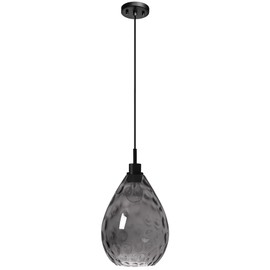 Homebelife Smoked Grey Hammered Glass Pendant Light Modern Matte Black Adjustable Hanging Lamp for Kitchen Dining Living Room Entry Hallway Foyer (Black & Smoked Glass)