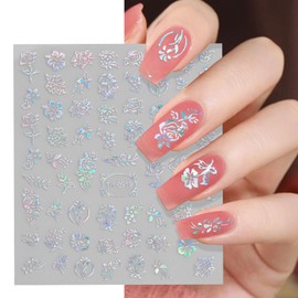 Glitter Flower Nail Stickers for Nail Art, Nails Art Stickers Decals Self Adhesive Floral Nail Sticker for Women Nails Decoration