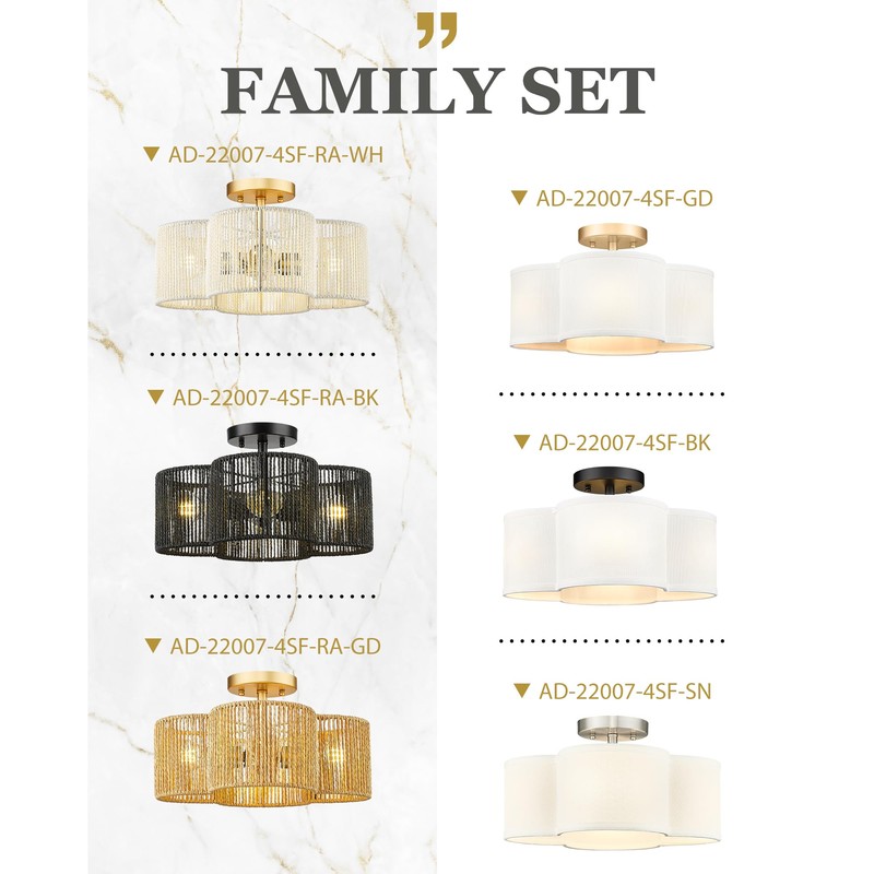 Audickic Gold Semi Flush Mount Ceiling Lights, 14" 4-Light Ceiling
