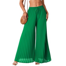 OPOIPIN Women's Chiffon Wide Leg Pleated Pants High Waist Flowy Loose Casual Long Trousers Green Small