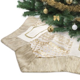 Valery Madelyn Christmas Tree Skirt for Tree Decorations, 60 Inch White Gold Octagon Large Xmas Tree Skirt with Embroidery & Geometric Sequin Pattern for Merry Christmas Party Christmas Decor