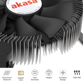 Akasa Aluminium Intel® LGA1700 Mini-ITX Cooler | Designed for Core™ i9 processors up to 73 TDP | 74 PWM Fan | Heatsink with Copper Core | 29.92 mm Low Profile | AK-CC6602HP01