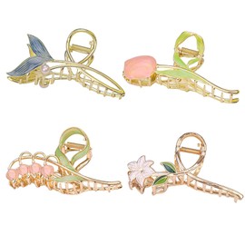 Claw Clips,4 Pcs Flower Hair Clips,Metal Hair Clips,Hair Accessories for Women,Flower Claw Clip Including Tulips, Lilies, Fishtails,Bell Orchid