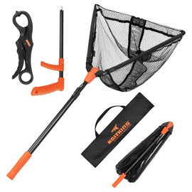 KastKing Pontus Fish Landing Net Combo, Foldable, Extendable, Lightweight & Strong Fish Landing Net with with Built in Length Scale, Fish Lip Gripper and Hook Remover, Fishing Gifts for Men