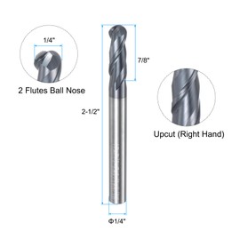 sourcing map Ball Nose End Mill CNC Router Bit, 1/8" Radius 1/4" Shank Solid Carbide AlTiN Coated 2 Upcut Spiral Flutes Cutter Milling Tool, 1/4" Dia 2-1/2" Total Length