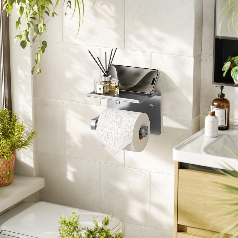 Tindbea Toilet Paper Holder with Phone Shelf, Adhesive or Screw