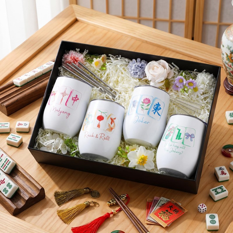 Patelai 4 Pcs Mahjong Tumbler with Lid Straw, Insulated,Elegant