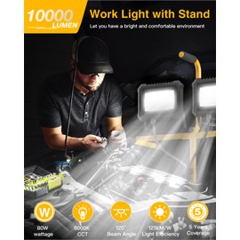 LED Work Light with Stand, 10000 Lumen 2 Head Portable Work Lights on Stand, with Adjustable and Foldable Tripod Stand, Waterproof Work Light with Individual Switch for Construction Job Site Workshop