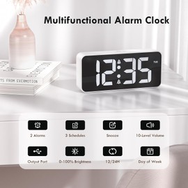 CHEREEKI Alarm Clock Bedside Mains Powered, Digital Clock with Large LED Display, Dual Alarm, Snooze, 10 Ringtones, 3 Alarm Schedule, Adjustable Brightness and Volume, USB Charging Port, 12/24H