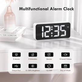 CHEREEKI Alarm Clock Bedside Mains Powered, Digital Clock with Large LED Display, Dual Alarm, Snooze, 10 Ringtones, 3 Alarm Schedule, Adjustable Brightness and Volume, USB Charging Port, 12/24H