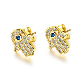 Evil Eye Protection Hamsa Hand of Fatima Stud Earring for Women Girls 18K Gold Post Stainless Steel Cubic Zirconia Hypoallergenic Dainty CZ Best Friend Jewelry (Gold)