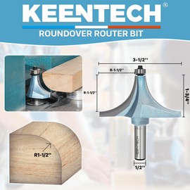 KEENTECH Round Over Router Bit, 1/2" Shank, Edge Forming Router Bit for Wood, Corner Rounding (1/2 Inch Shank , 3-1/2 Inch Diameter , R1-1/2 Inch Radius)