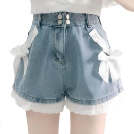 RILGOU Harajuku Y2K Style Pastel Kawaii Gothic High Waisted Straight Wide Leg Vintage Lace Knot-Bow Trim Denim Shorts M