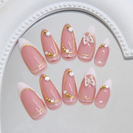 White Press on Nails French Tip Fake Nails Gold False Nail with Rhinestone Design Butterfly Glue on Nail Glossy Full Cover Medium Almond Stick on Nails for Women Girls Manicure 24Pcs