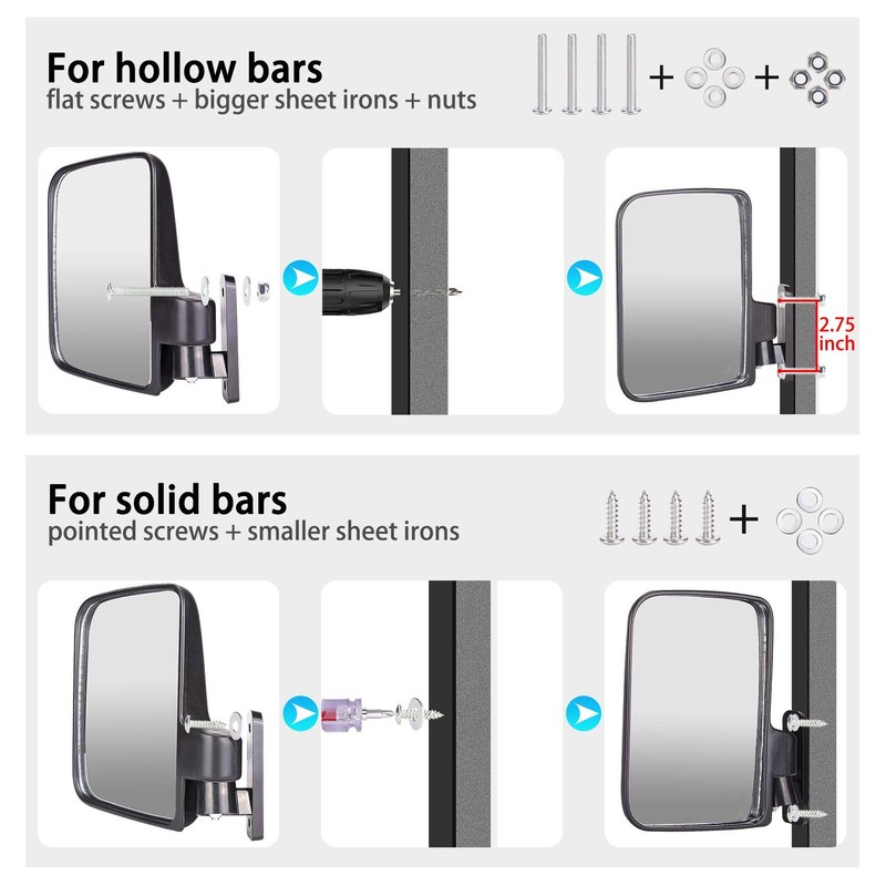 10L0L Golf Cart Side Mirrors with Blind Spot Mirrors, Universal