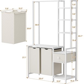 Laundry Hamper with Shelf, 5 Tiers Tall Laundry Basket Sorter with 2 Pull-Out and Removable Bags, Clothes Rack with Laundry Sorter for Laundry Room Bathroom Bedroom, White