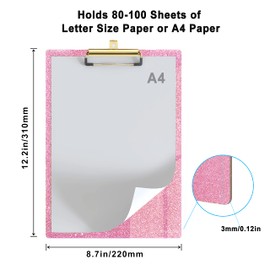 Glitter Acrylic Clipboard Decorative Standard A4 Letter Size 12.2" x 8.7", Fashion Bling Clip Boards with Designed Low Profile Gold Clip for Classroom Office - Warm Pink