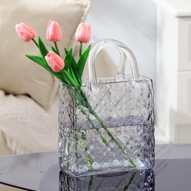 PORPAN Purse Vase, Glass Bag Vase, Glass Purse Vase for Flowers, Black Glass Vase, 12 Inch Large Glass Flower Vase with Embossed Pattern for Wedding, Living Room, Bedroom, Table, Office(Tote)
