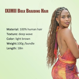 IXIMII #30 Human Hair Braiding Hair 18 inch 100g Light Brown Color Deep Wave Bulks 100% Human Hair No Weft Curly Hair Extensions for Boho Braids