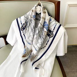 First Choose Fashion and Elegant Silk Feeling Scarf Square Satin Retro Style Sunscreen Head Scarf for Women 27.5" × 27.5", White Blue-sailboat, 70*70 cm