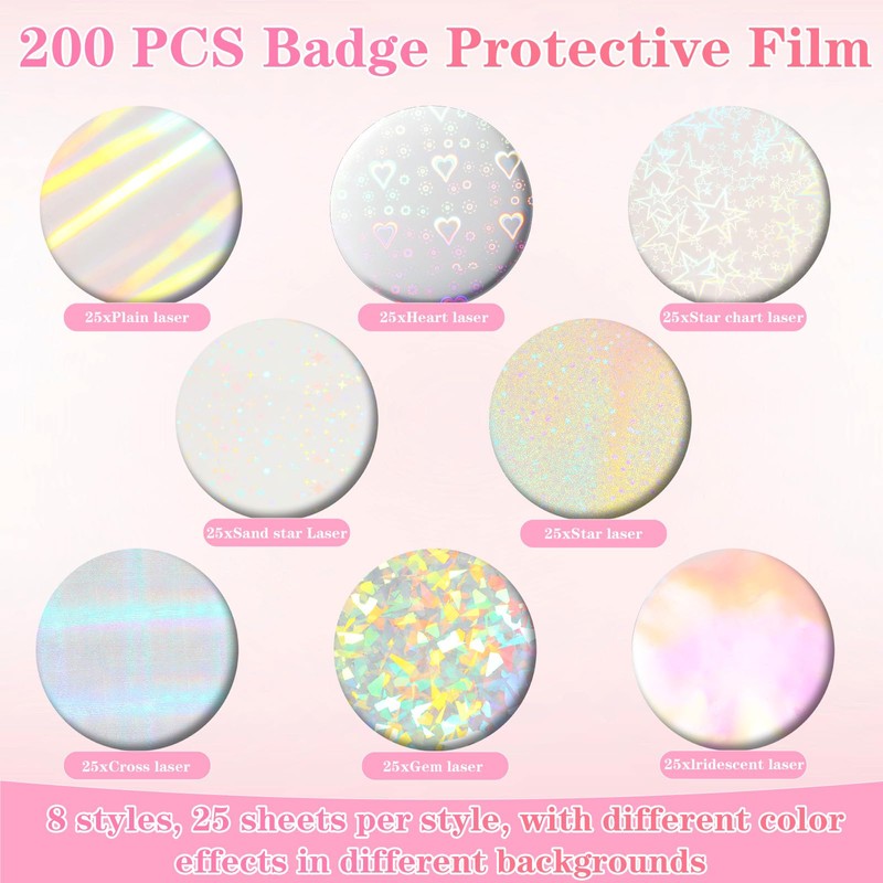 200Pcs Holographic Badge Protective Film, 8 Styles Button Maker Supplies