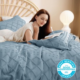 Bedsure Duvet Cover King Size - King Duvet Cover Set, King Boho Bedding for All Seasons, 3 Pieces Embroidery Shabby Chic Home Bedding Duvet Cover (Mineral Blue, King, 104x90)