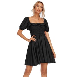 R.Vivimos Women's Summer Cotton Short Sleeve Square Neck Elastic Smocked Ruffle Floral Print Swing Mini Dress (XL, Black)