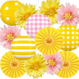 Syoulin Hawaii Summer Spring Garden Party Decoration, Paper Hanging Decoration Set, 13-Piece Yellow/Pink with Pompoms, Lanterns & Paper Fans, Hawaiian Summer Garden Decoration for Birthday, Baby