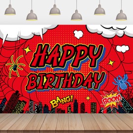 Spider Web Backdrop Party Decoration, 5x3ft Red Spider Web Happy Birthday Backdrop Banner Hero Decoration Supplies for Boys Baby Shower & Booth