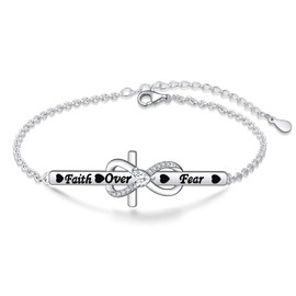 925 Sterling Silver Engraved Faith Over Fear Heart Infinity Cross Charm Cross Bracelet Bible Verse Birthday Religious Gift for Women Sisters Daughter Catholic