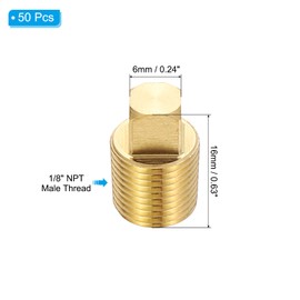 PATIKIL 1/8" NPT Male Brass Square Plug Fittings, 50Pcs Brass Cored Plug with Square Head Pipe Fittings Tubing End Sealing Cap for Boat, Drain Plug, Gas, Fuel Line
