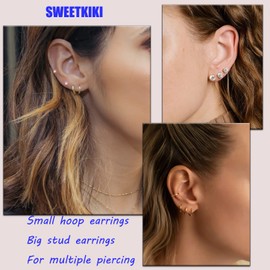 Small Gold Earrings Set for Women, 6 Pairs 14K Gold Plated Huggie Hoop Earrings Tiny Cubic Zirconia Stud Earrings for Earlobe Cartilage Helix Multiple Piercing Hypoallergenic, 14K Gold Plated, No