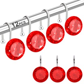 12PCS Shower Curtain Hooks Rings for Bathroom, Stainless Steel Rust Resistant Decorative Rhinestones Shower Curtain Rings Hangers for Shower Curtains, Clothing, Towels, etc. (Red)
