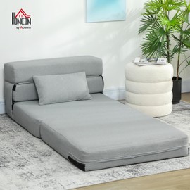 HOMCOM Folding Sofa Bed, Sleeper Chair with Pillow, Modern Linen Convertible Chair Bed, Fold Out Floor Futon Couch for Living Room, Dorm, Guest Use, Home Office, Light Gray