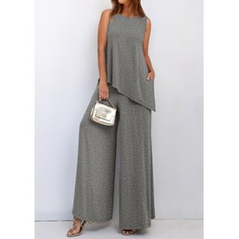 PRETTYGARDEN Women's 2025 Two Piece Matching Lounge Sets Asymmetrical Split Tank Tops Wide Leg Pants Summer Outfits Tracksuit (Grey,Medium)