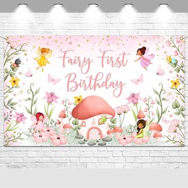 Avezano Pink Fairy First Birthday Banner for Girls - 6x3.6ft - Wall Mount - Cartoon Pattern