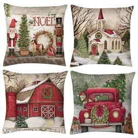 Simpkeely Christmas Pillow Covers 18 x 18 Inches Set of 4 Xmas Series Red Truck Throw Pillowcase Cushion Cover Case Cotton Zipped Square Christmas Decorations